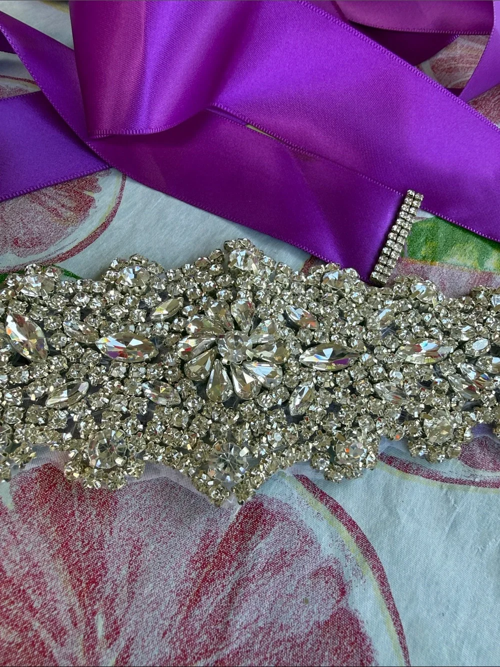 New Women’s Crystal Embellished Purple Satin Wedding or Formal Event belt 113”